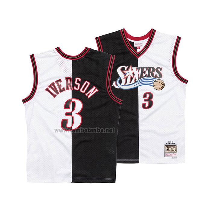 Camiseta Philadelphia 76ers Allen Iverson #3 Mitchell & Ness 2000-01 Split Negro Blanco